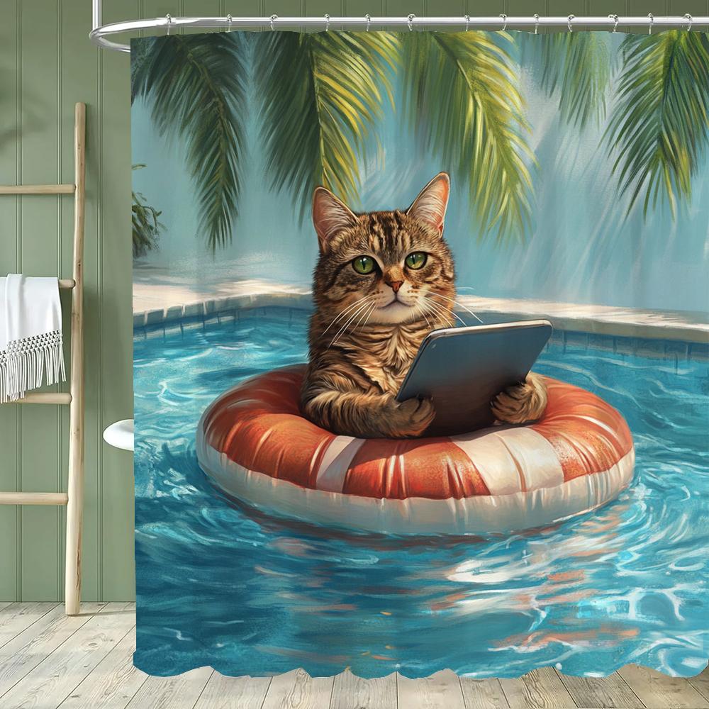 1 piece Cartoon Cat Shower Curtain, Cute Cat and Dog Bathroom Decorative Curtain, Home Printed Polyester Curtain with Hooks