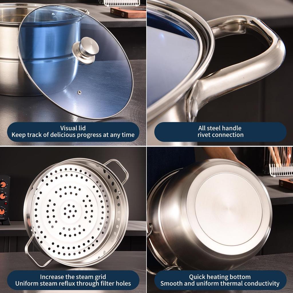11-Piece Stainless Steel Soup and Steamer Pot Set, Large Sizes 28-36cm for Export Kitchen Cooking