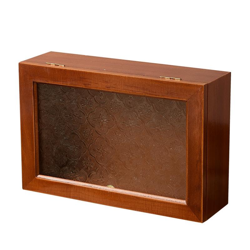 Wood Glass Jewelry Cosmetics Display Case Accessories Storage,Vintage Wooden Storage Box with Metal Clasp and Glass Top Lid