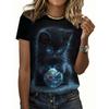 Phantom Night Starry Sky Blue-Eyed Black Cat Holding a Star Glowing Earth Print Short-Sleeve T-Shirt,Artistic Cool Trendy Versatile Daily Casual Top