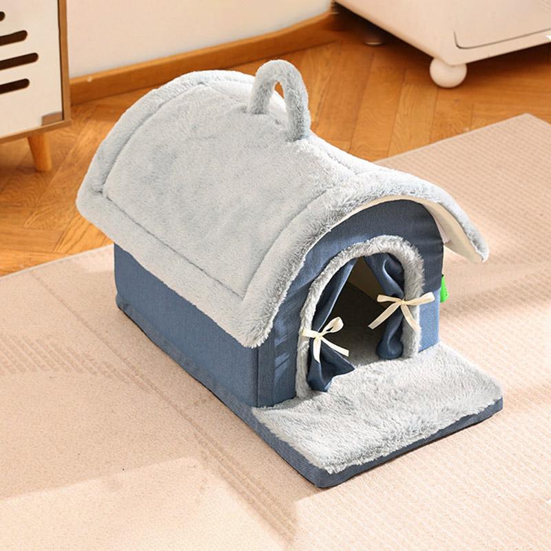 Luxurious Removable Dog House with Handle Enclosed Soft Plush Anti-Slip Pet Shelter Warm Calming Indoor Bed for Puppy Puppies