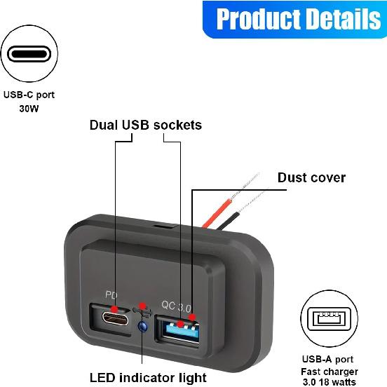 ZIMISI 12V 24V RV USB Outlet, QC3.0 USB A Port & PD Type-C Quick Charge Outlet, Dual Ports Socket Panel Wall Mount, Automotive Charger Power Adapter