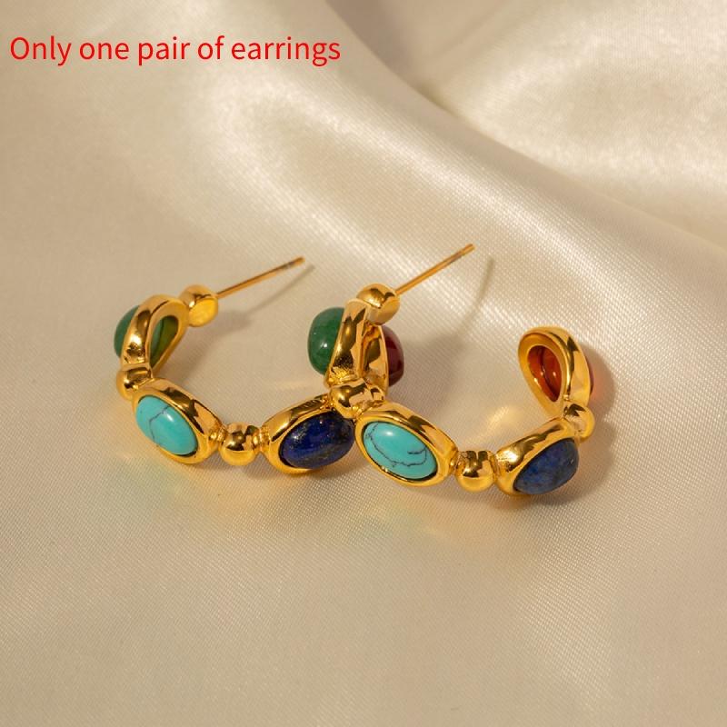 Fashionable And Versatile Stainless Steel Earrings With 18k Gold Plating Geometric Shape Embedded Natural Stone