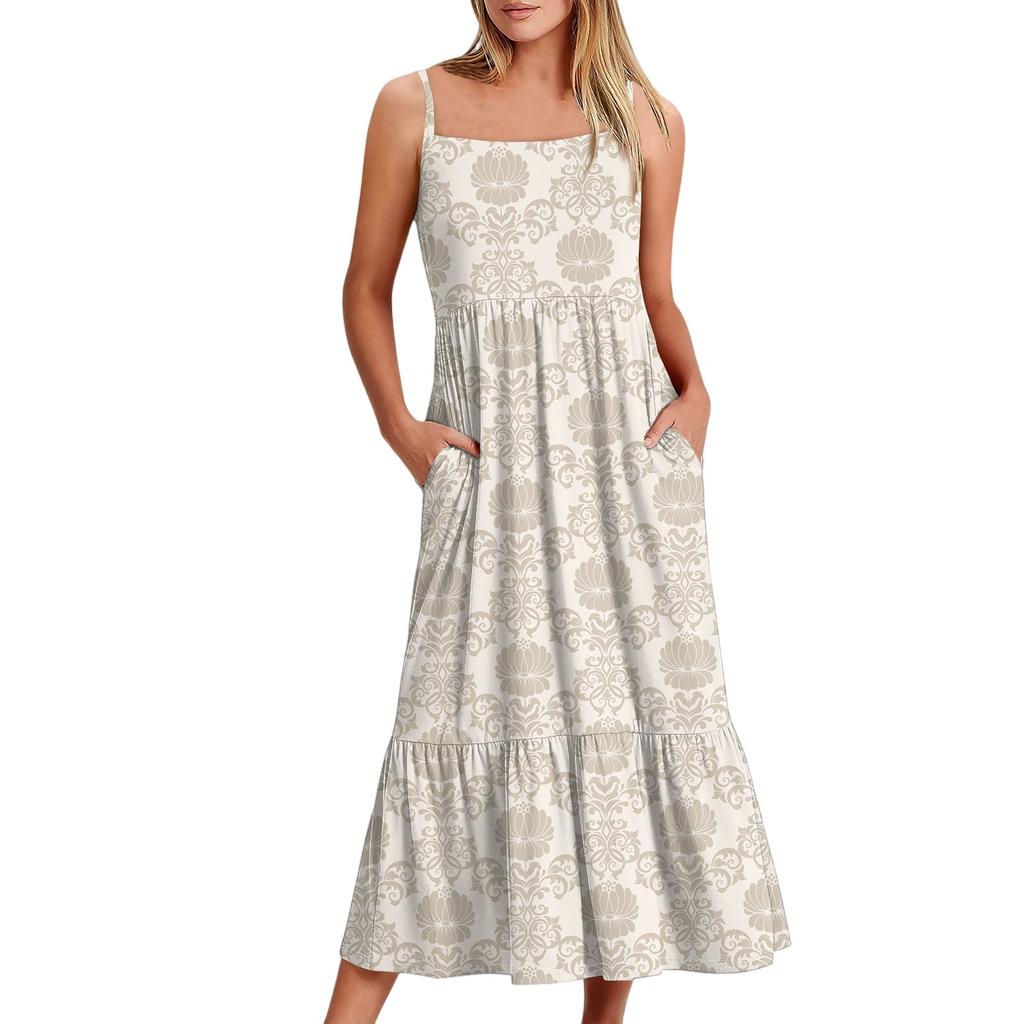 Kvinners Lang Strand Casual Elegant Spaghettistropp Maxi Kjole Søm Lavmælt Flytende Bohemsk Kjole
