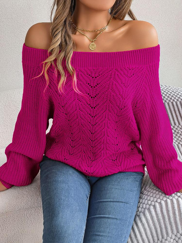 Women Off The Shoulder Sweater Sexy Hollow Out Lantern Long Sleeve Ribbed Knitted Sweater Pullover Loose Chunky Knit Jumper Tops