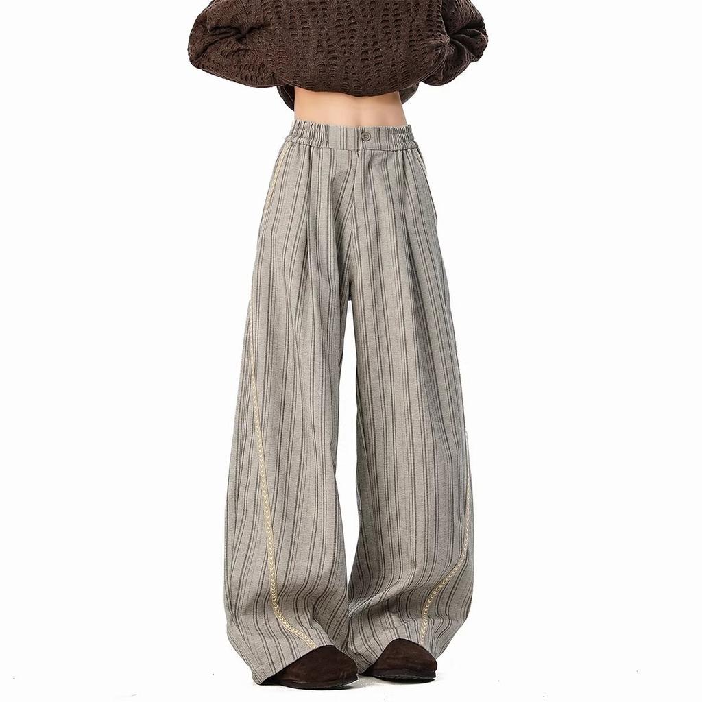 Old money style striped casual pants for men and women, spring and autumn retro loose drape wide-leg commuting versatile straight casual pants
