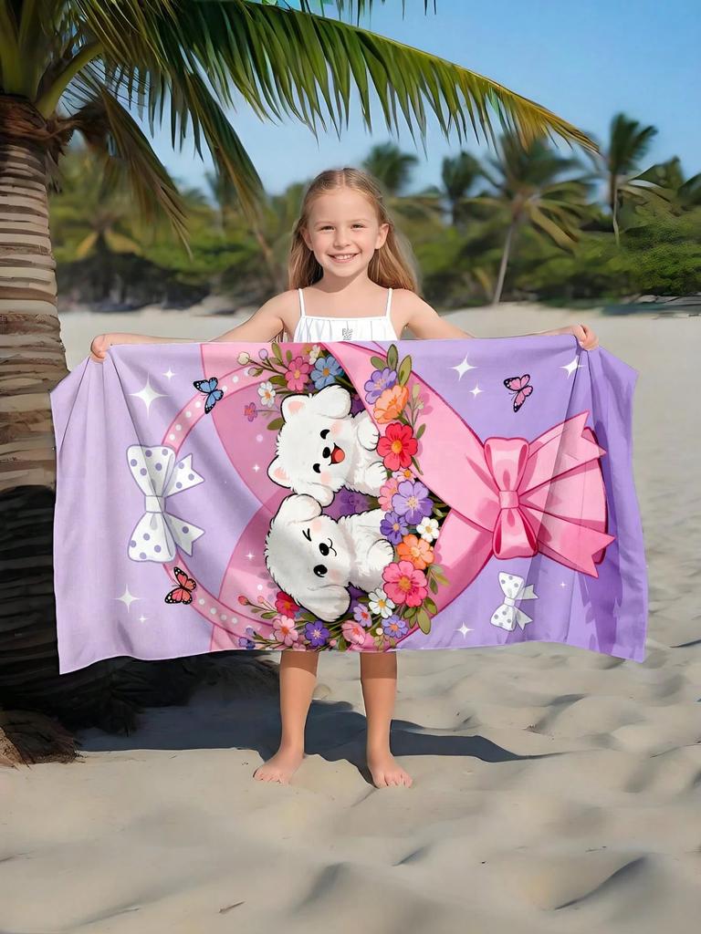 Cute Puppy Flower Bouquet Beach Towel,Microfiber Soft Absorbent Quick Dry,Oversize for Beach Pool Travel,Cartoon Dog Print Towel