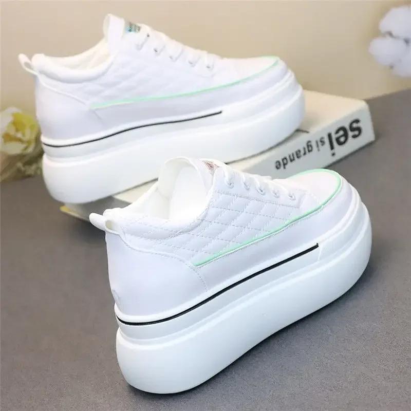 Fashion Platform Shoes All-Match Women's Leather Breathable White Shoes Invisible Height Increasing Insole Comfort and Casual Sneakers