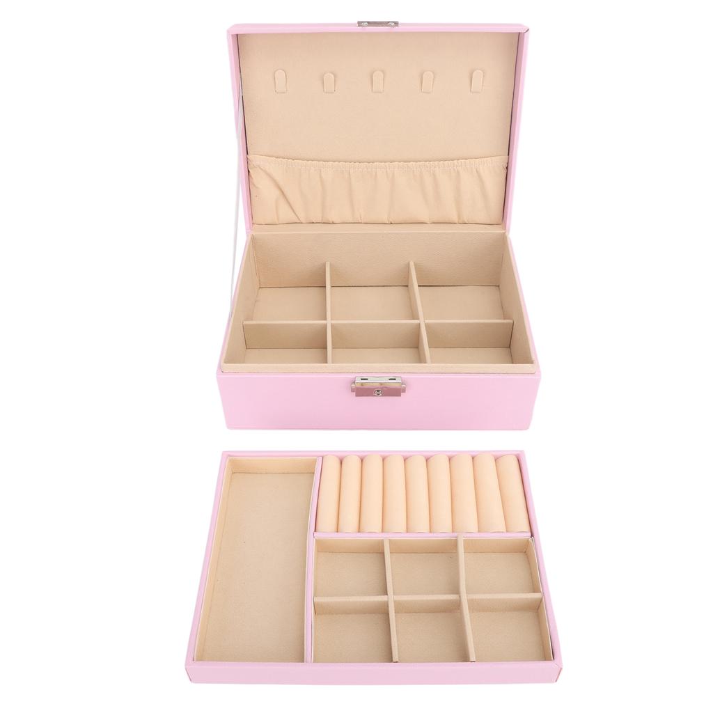Double Layer Jewelry Box Soft PU Leather Jewelry Storage Organizer with Lock for Necklace Bracelet