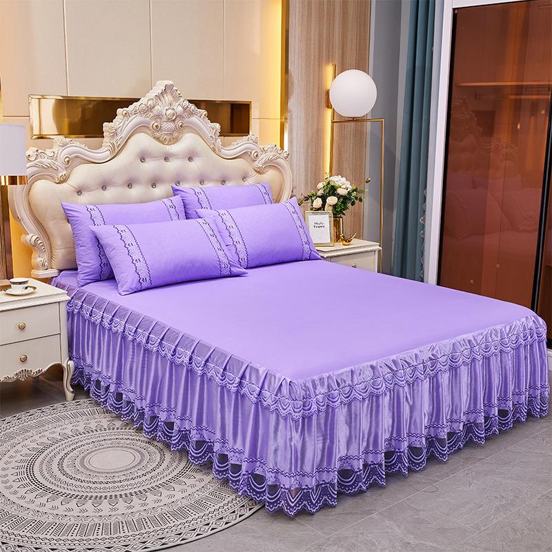 3pcs Embroidery Lace Skirt Style Fitted Sheet Set, All Seasons Universal Elastic Non-slip Bedding Set, Skin-friendly Soft Comfortable Fitted Sheet Set