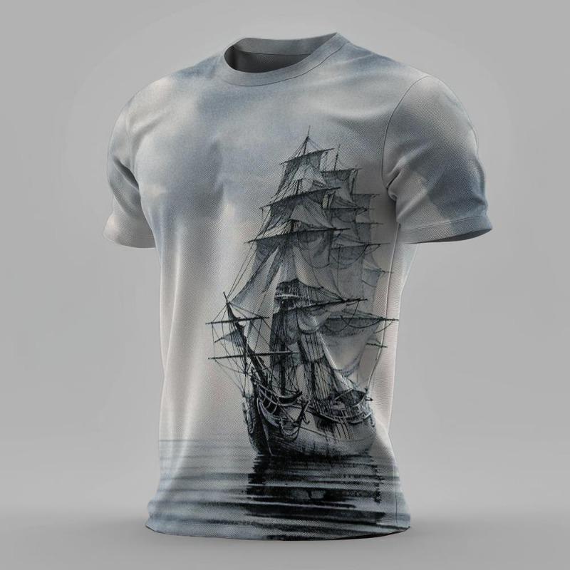 Summer Men Classic Vintage Sailing Pattern 3d Printed T-shirt Short Sleeve Loose Breathable Man T Shirt Plus-Size Casual Top