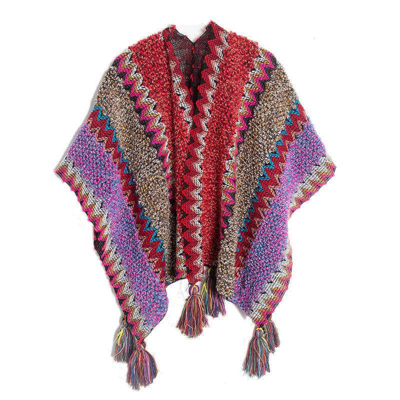 Women's Fashion Spring Autumn Winter Pashmina Ethnic Style Tassel Cape Colorful Knitted Split Shawl