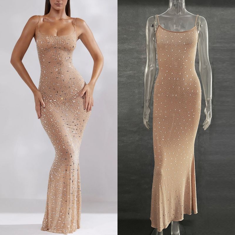 

Transition Sexy Socialite Accessible Luxury Heavy Embroidery Hot Drilling Transparent Blouse Fashion Style Big Brand Catwalk Mesh Long Sleeves Dress Nude S