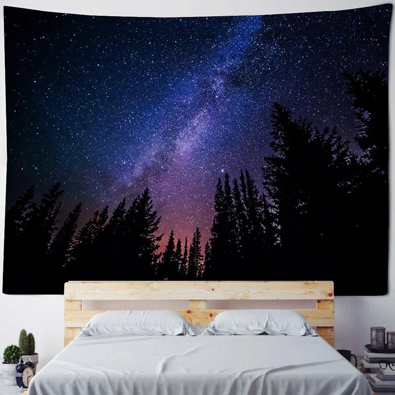 Home Room Art Background Decoration Starry Forest Tapestry Moonlight Night Psychedelic Bohemian Decorative Wall Hanging