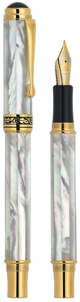 Xezo Maestro Fountain Nib Gift of Writing 18K White Unique Pen, Medium-Fine (0.45mm Line), Series, Gold-Plated Mother-of-Pearl, Handmade, Serialized,