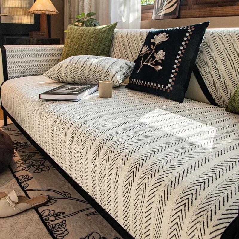 French Striped Sofa Cushion Four Seasonal Universal Middle Ancient Style Sofa Cushion Anti Slip Dustproof Chenille Sofa Cover