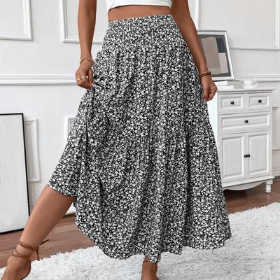 Women's Fashion  Pleated Floral Print Elastic Waist  Loose Splicing A Line Skirt