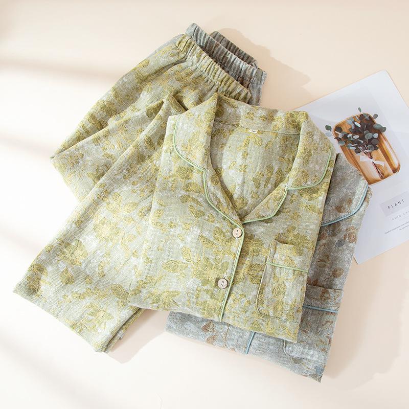 Damen Jacquard Baumwolle Pyjama Set - Langarm, Lange Hose, Leicht, Vielseitige Homewear für Frühling und Herbst