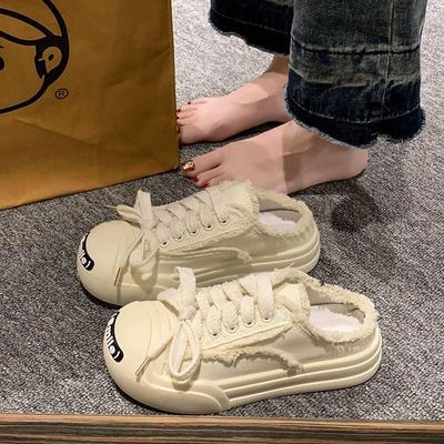 Open Smile Half Tray Bag Head Little White Canvas Shoes Women's 2024 Summer New Versatile Thick-soled Lazy Casual Cool Slippers