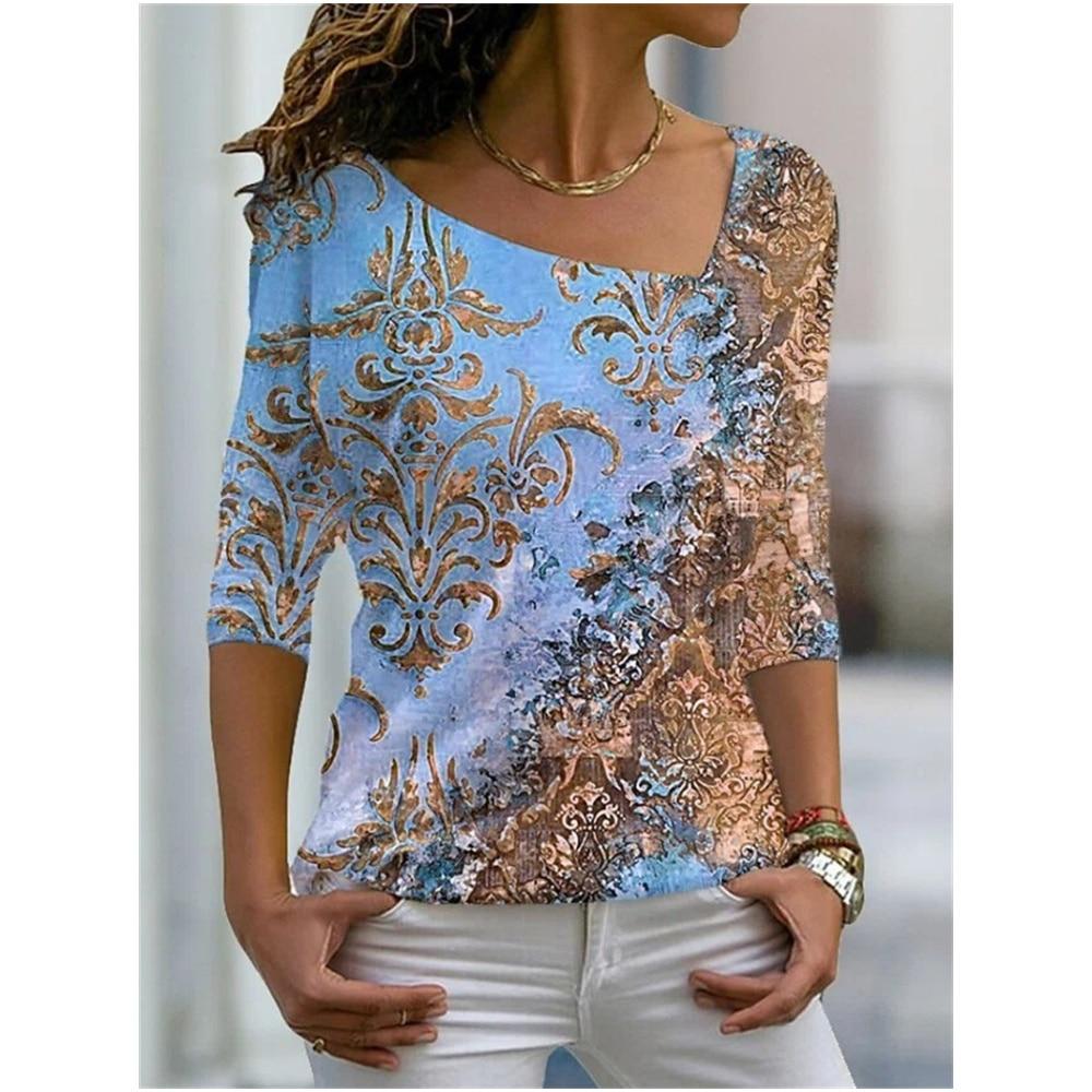 Women's 3D Flower Pattern T-shirt Irregular V-neck Design Y2k Fashion Trend Summer Short Sleeve Sexy Neckline Tshirts 2023