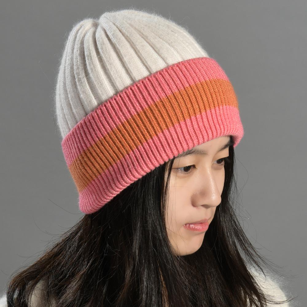 Color matching thick striped knitted hat European and American fashion rabbit down men's and women's simple and versatile soft waxy warm wool hat