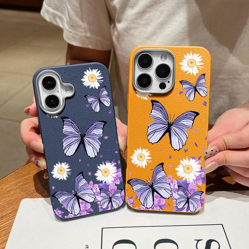 Butterflies Flowers Phone Case For iPhone 16 15 Pro Max 16e 15 14 Plus 13 12 Pro Max 11 Shockproof Leather Texture Soft Colourful Cover