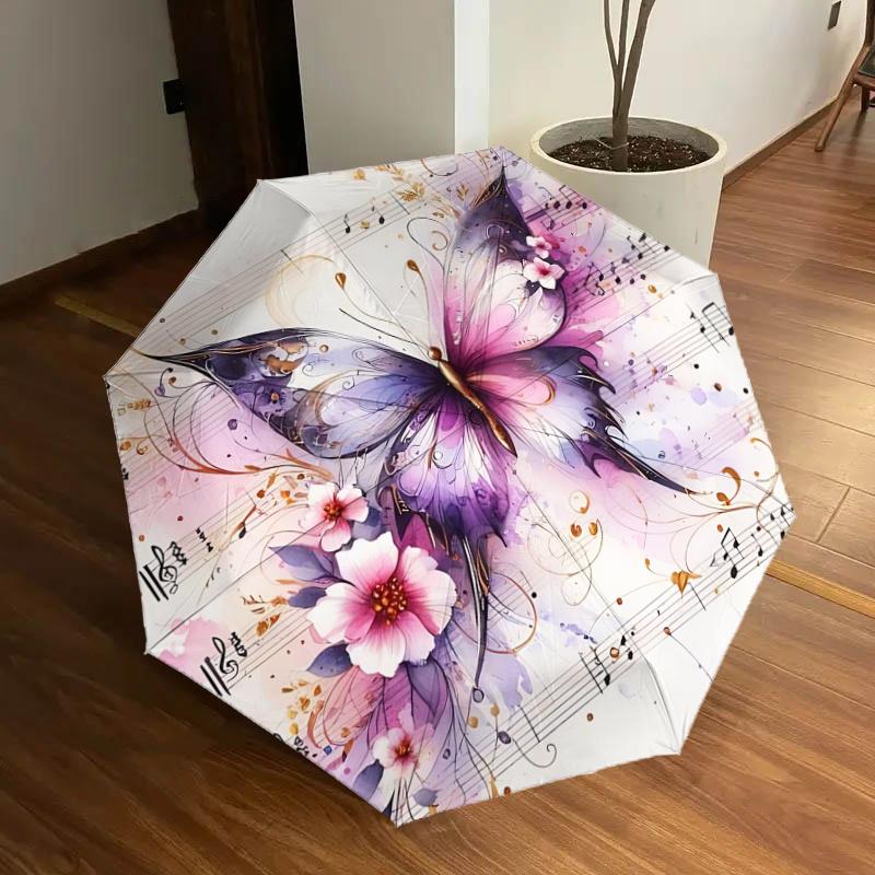 

Floral Butterfly Music Notes Folding Umbrella - Auto Open Close, Portable Design, 8-Rib Iron Frame, Outdoor, Festival Gift for Fans, Travele