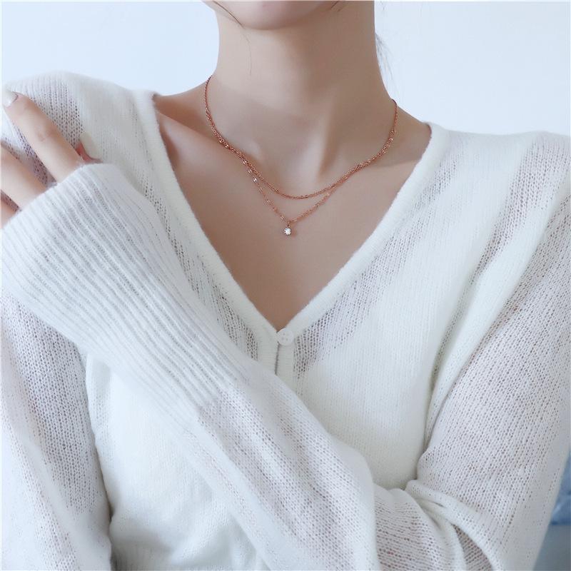 Women's Korean-Style Titanium Steel Double-Layer Diamond Necklace - Fashionable Clavicle Chain