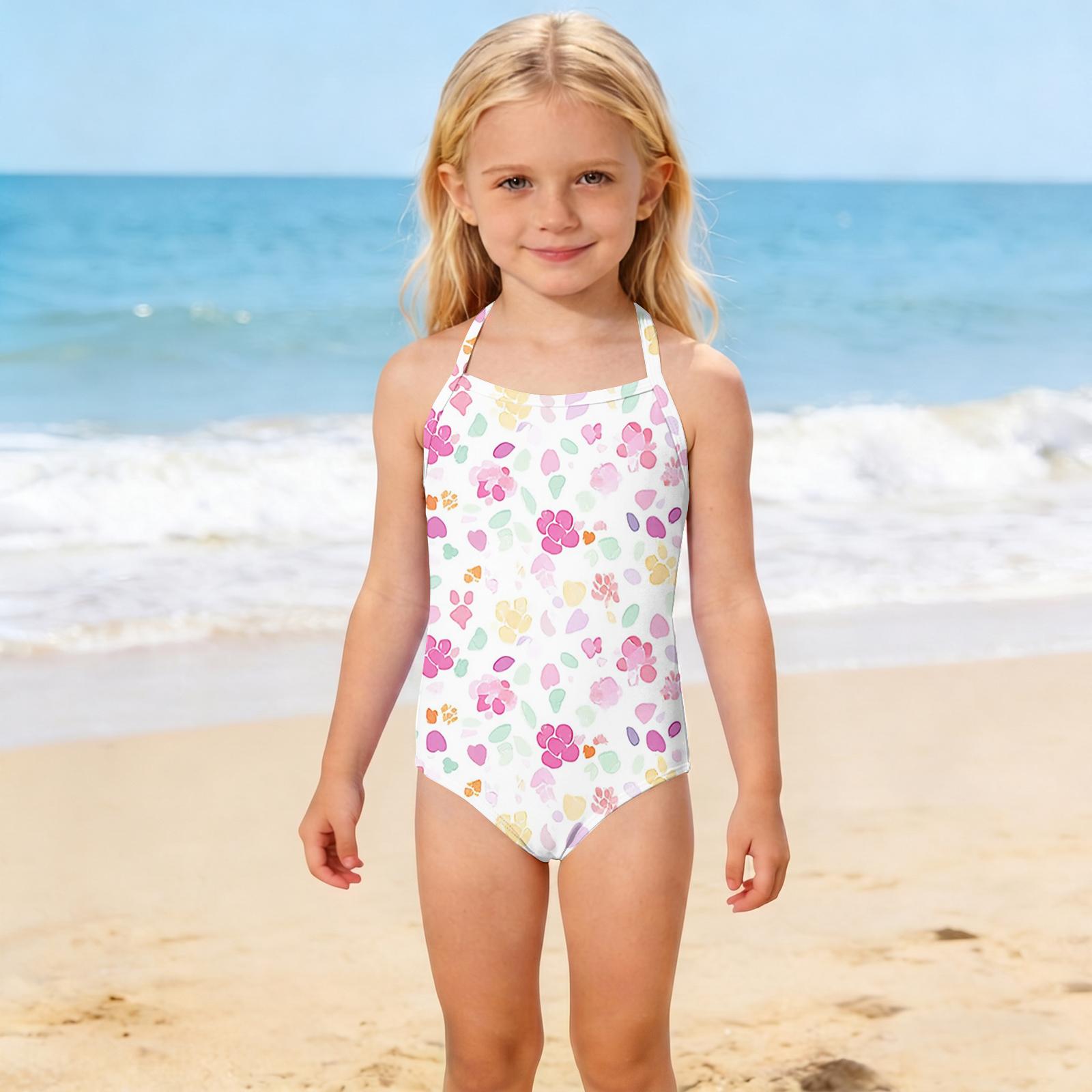 

Girls One Piece Swimsuit Summer Kids Swimwear Childrens Bathing Suit Floral Print Adjustable Straps Beachwear for Girls 130