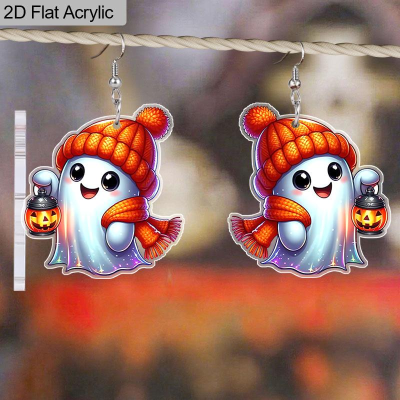2D Flat Halloween Acrylic Earrings Decorated with Pumpkin Ghost Pattern Pendant Jewelry Ladies Holiday Gift
