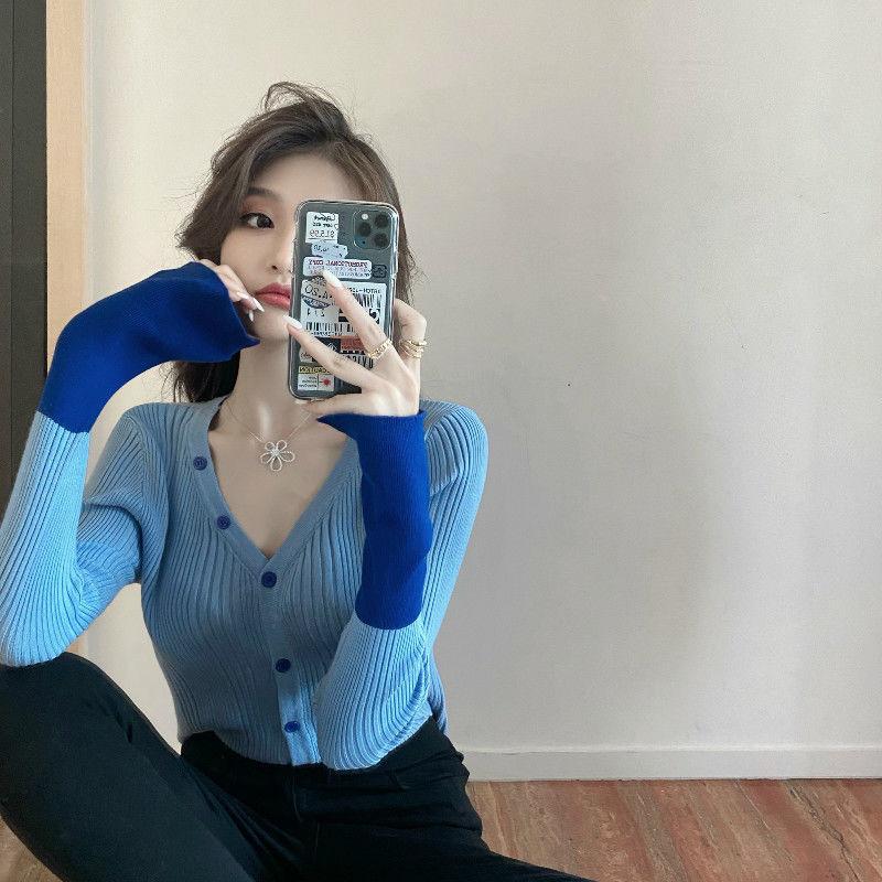 Spring Patchwork Design Knitted Cardigan for Women with Long Sleeves and Bottom Lining Short and Versatile Casual Top