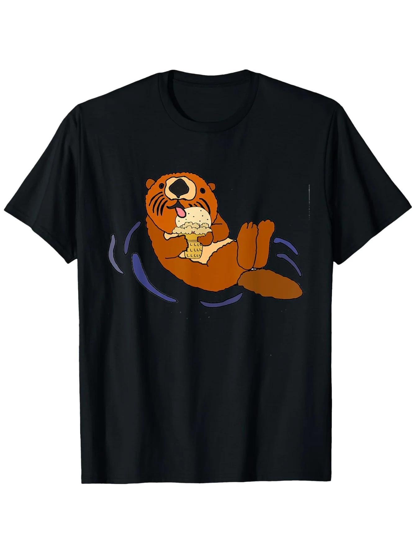 Otter Eating Ice Cream Graphic TShirt Cute Sea Otter Lover Round Neck Cotton Tee for Unisex S