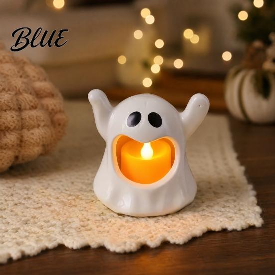 Ghost Shaped Candle Holder Halloween with LED Candle Cute Tea Light Safe Indoor Holder Spooky Tabletop Decoration for Home Decor Holiday