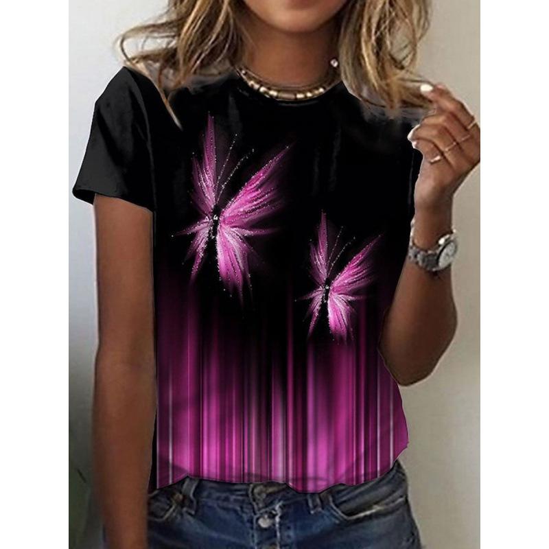 Women's Black Purple Butterfly Print Short Sleeve T-Shirt Casual Graphic Top
