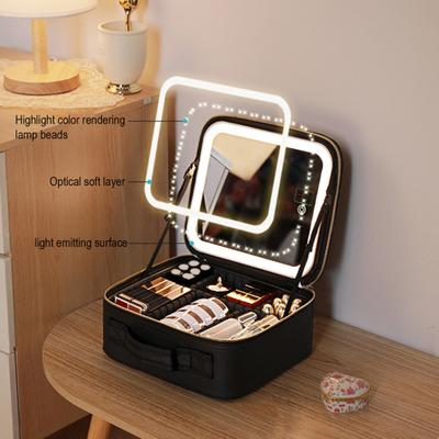 Makeup Bag with LED Mirror Travel Cosmetic Organizer with Adjustable Dividers USB Rechargeable Light-up