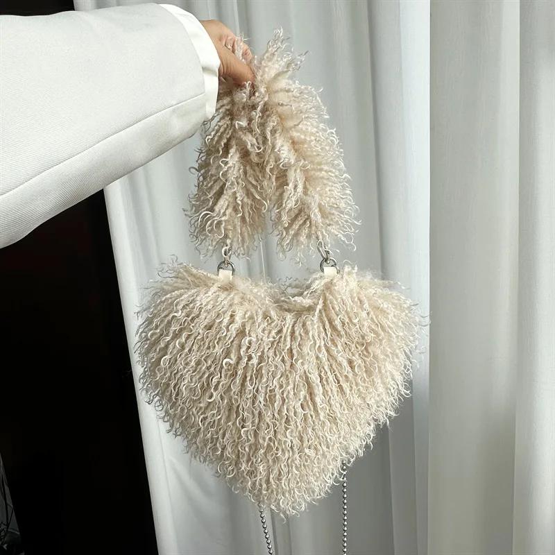 

Heart-shaped Women s Plush Crossbody Bags Sweet Love Faux Fur Female Shoulder Bag Soft Fluffy Tote Handbags Girls Underarm Bag абрикосовый