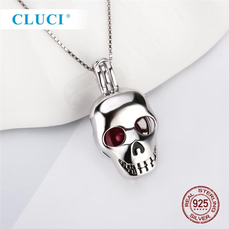 

Cluci 925 Sterling Silver Charms Skull Pearl Cage Locket Pendant For Necklace For Women Halloween Gift Sc380sb 45cm
