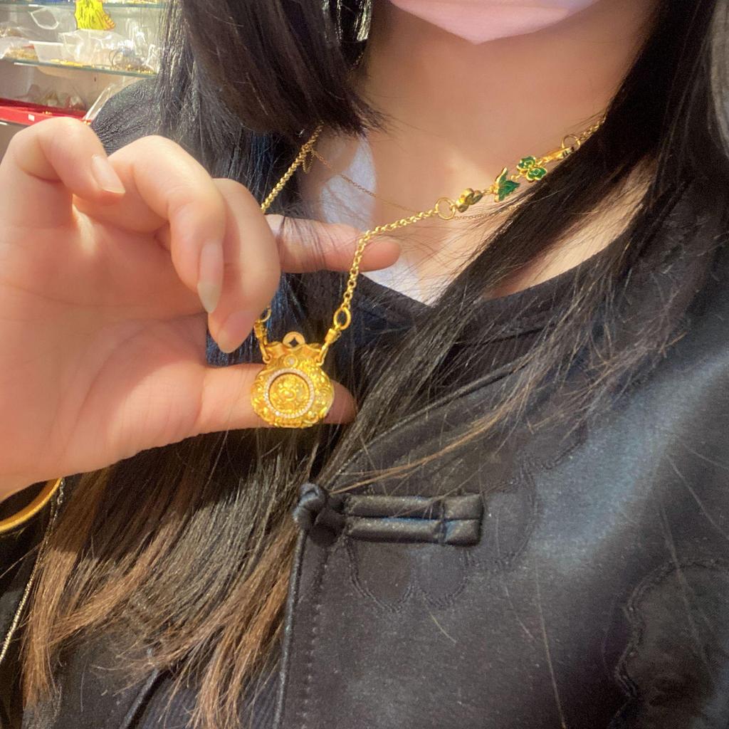 Sand Gold Rotatable Coin Pendant Necklace with Diamond Inlay - Chinese Style Money Bag Sweater Chain for Women