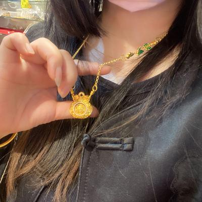 Sand Gold Rotatable Coin Pendant Necklace with Diamond Inlay - Chinese Style Money Bag Sweater Chain for Women
