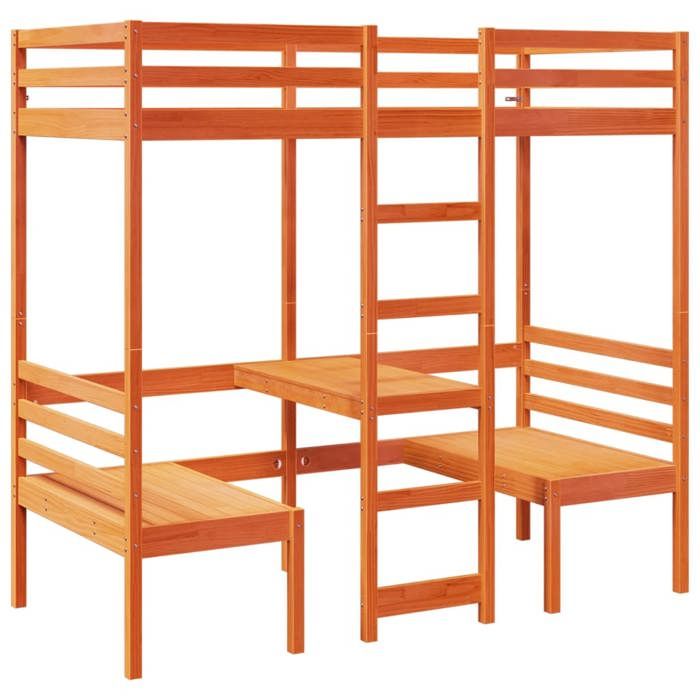 VidaXL Lit mezzanine avec bureau et chaises brun cire 90x200 cm pin, cadre de lit mezzanine, cadre de lit de cabine, cadre 3308555