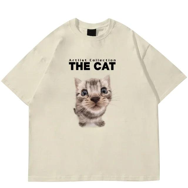 T-Shirt Women'S Fashion Summer Men'S Women'S Unisex Hip Hop Cute Cat Harajuku Y2K Printing Leisure Outdoor Fitness Cotton