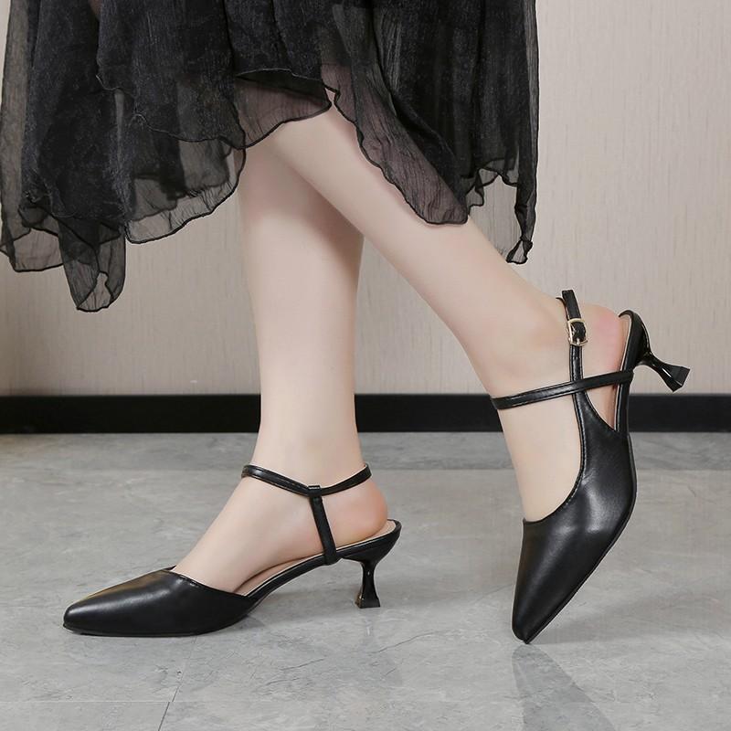 High Heel Pointed Head Bag Head Back Empty Professional Women's Sandals New Thin Heel Large Size One-word Buckle Women's Shoes