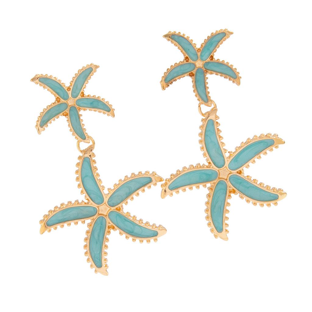 Fashionable Alloy Blue Color Starfishes Drop Earrings Flower Pendant Piercing Ear Accessory for Parties and Gatherings