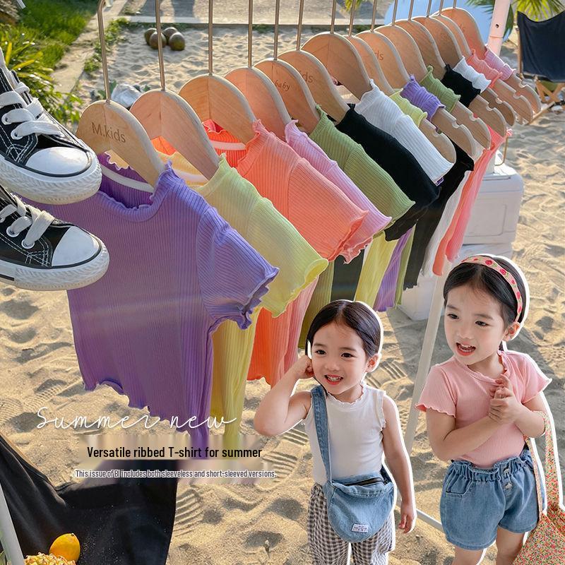 Korean Style Girls' Candy Color Ruffle Edge Sleeveless Lace T-Shirt for Summer