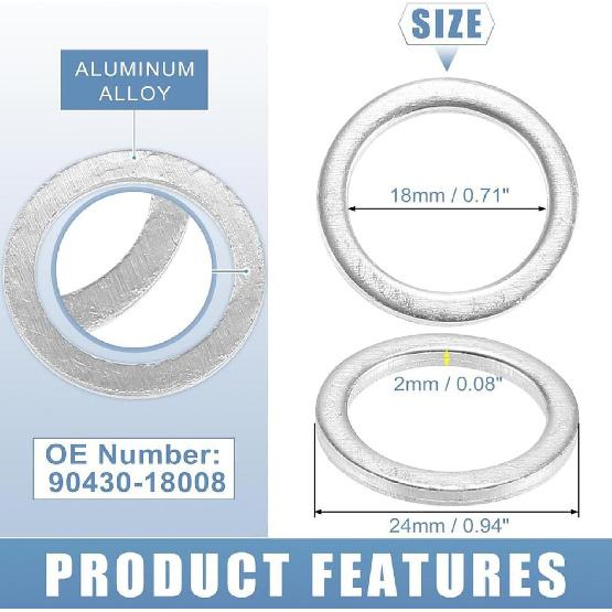 # 90430-18008 10 pcs M18 Aluminum Transmission Fluid Drain Plug Crush Washer Seal Compatible with Toyota Prius Corolla Tacoma Camry, Replacement for