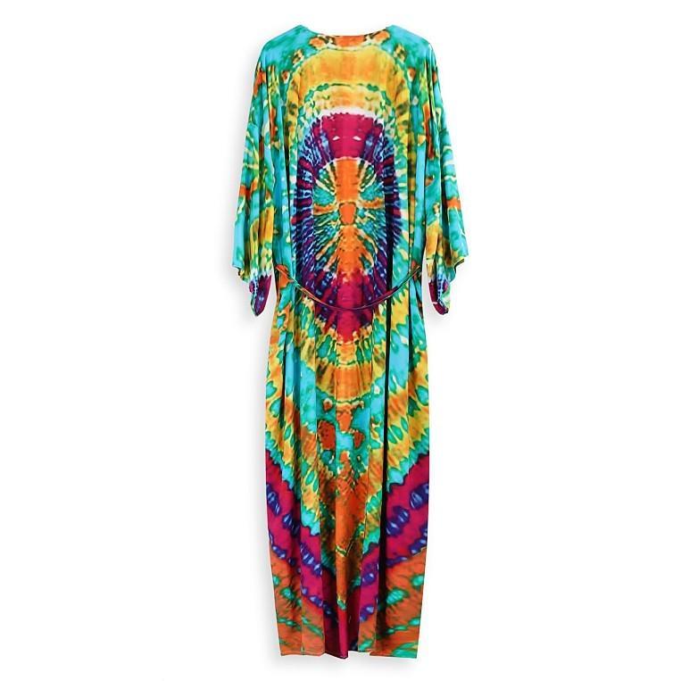 EDOLYNSA Bohemian Badeanzug Cover Up Retro Streifen Selbst Gürtel Frauen Sommer Kleidung Lange Kimono Kleid Beachwear Bikini Cover-ups Q1521