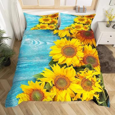 Sonnenblumen Bettbezug Set Doppelbett für Mädchen Gelbe Blume Bettwäsche Set Botanischer Blumen Bettdeckenbezug auf Blaugrünem Holz Steppdeckenbezug