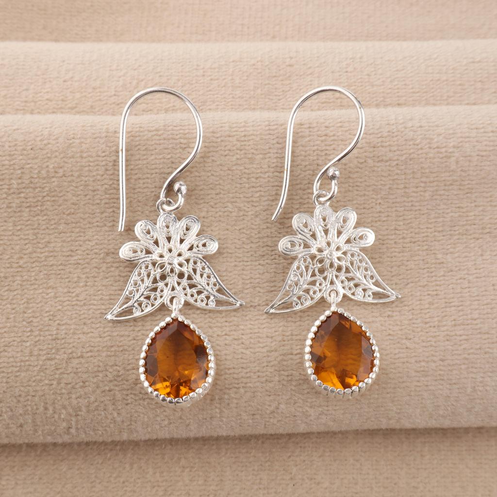 Citrine Gemstone 925 Sterling Silver Jewelry Handmade Women Earrings 1.84" November Birthmonth Jewelry For Gift CE-23-7
