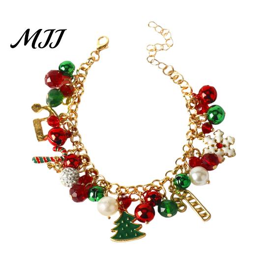 Sparkling Stocking Wrist Accessory Christmas Charm Bracelet for Women, Santa Claus Snowman Bell Glove Holiday Photo Prop Tree Snowflake Pendant