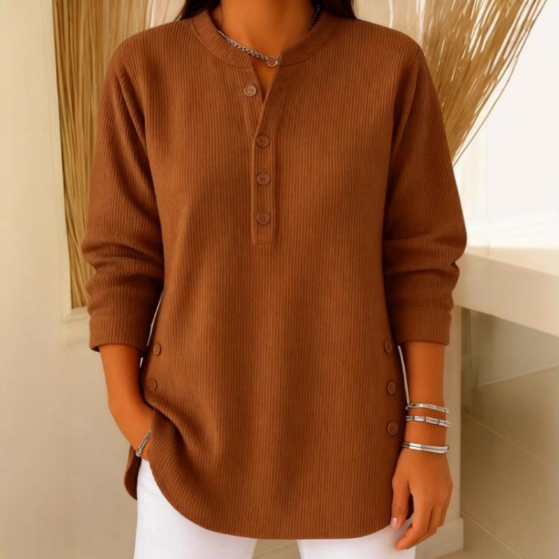 Women's Autumn Waffle Henley Shirt Long Sleeve Button Casual Loose Top